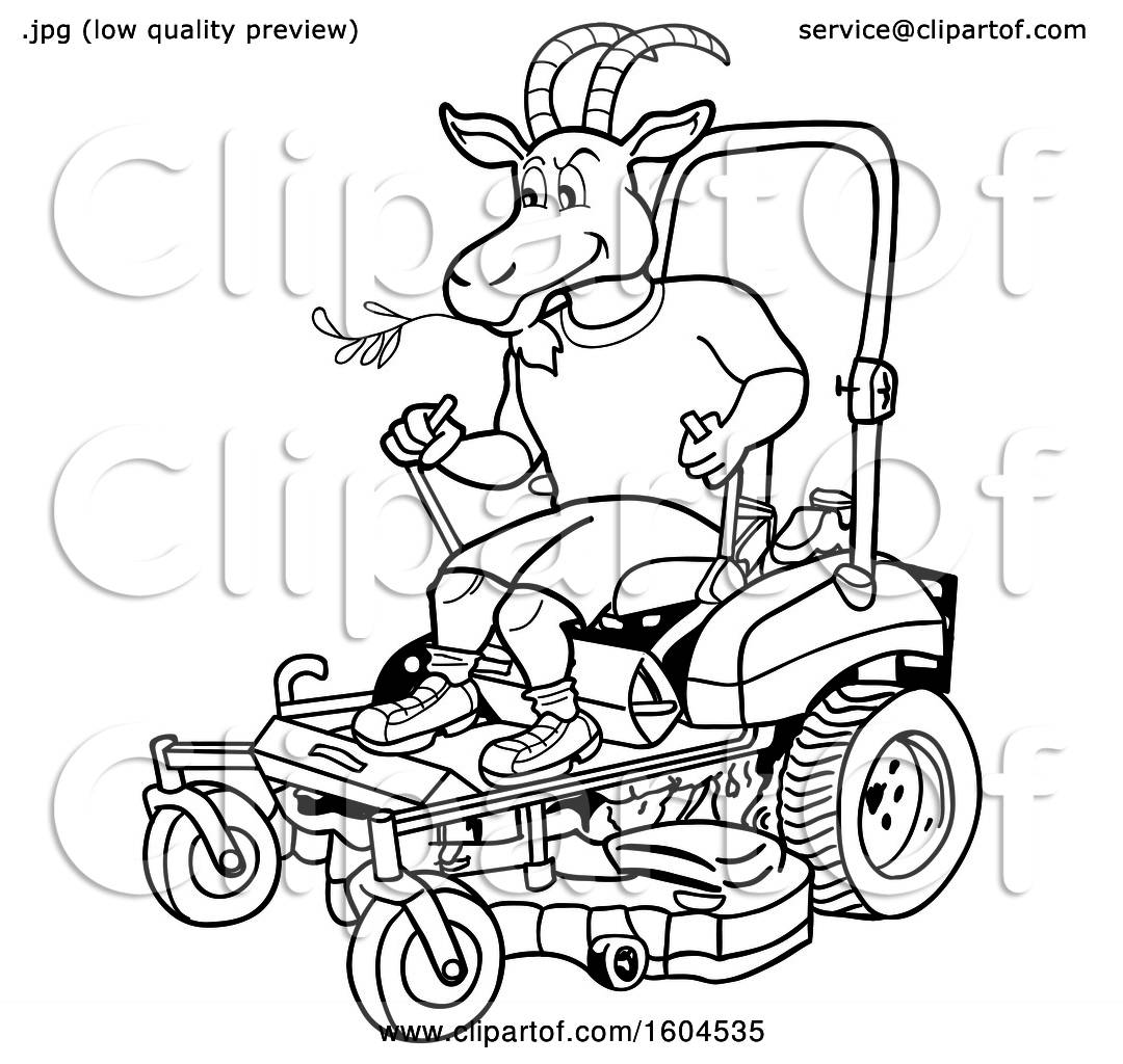Clipart Of A Cartoon Black And White Goat On A Zero Turn Lawn Mower