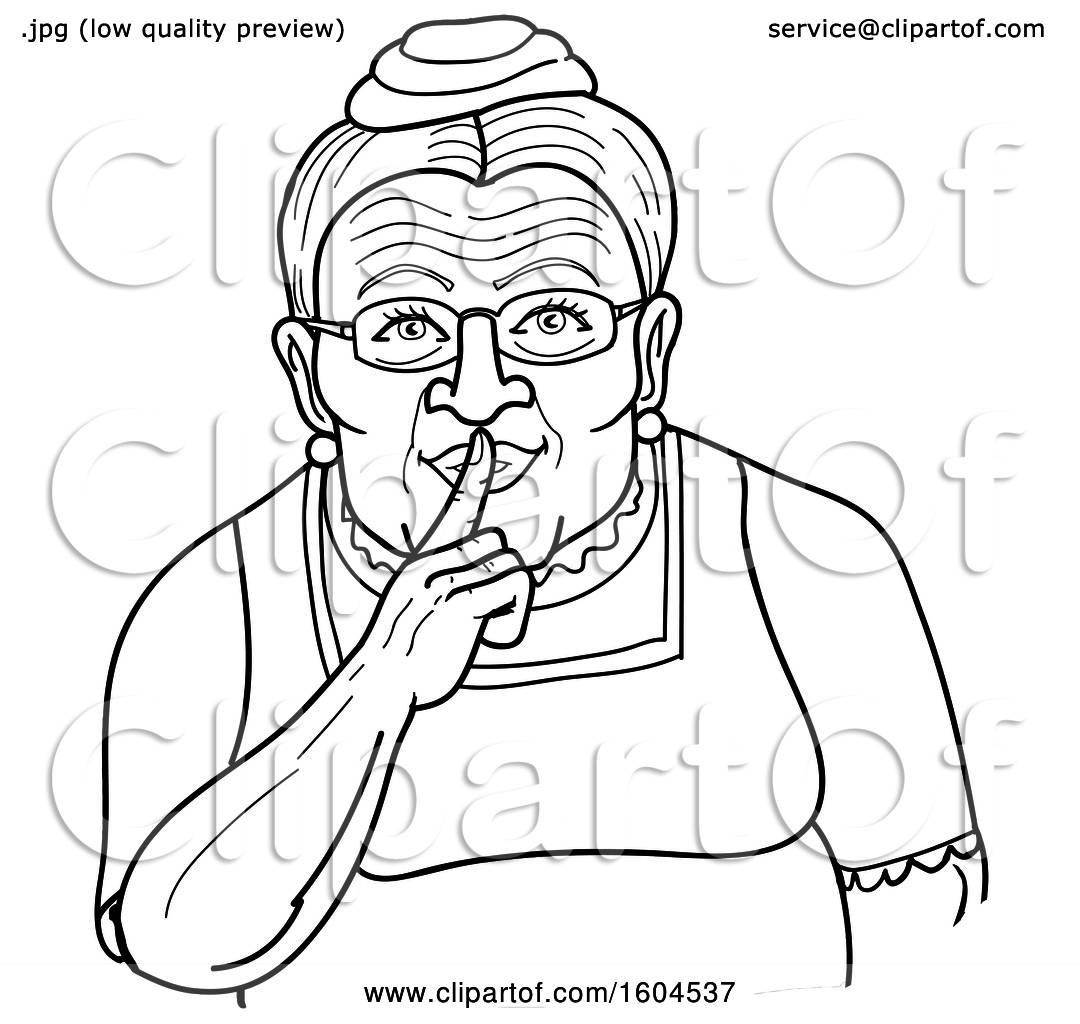 Clipart of a Cartoon Black and White Granny Shushing by Holding a