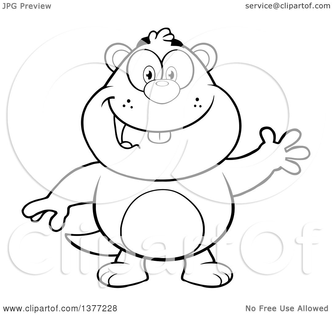 Clipart of a Cartoon Black and White Groundhog Waving - Royalty Free
