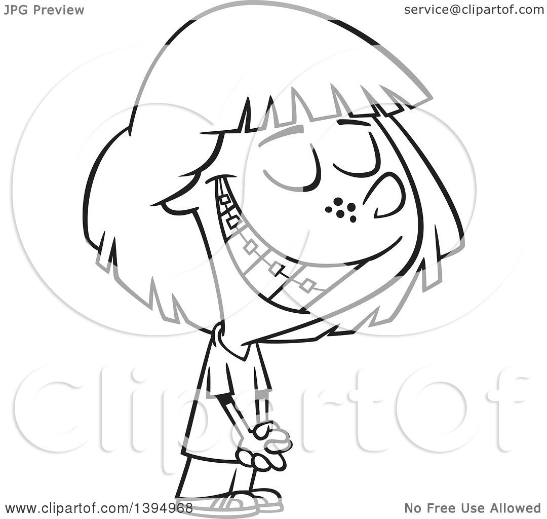 Clipart of a Cartoon Black and White Happy Girl Smiling and Showing Her  Braces - Royalty Free Vector Illustration by toonaday #1394968