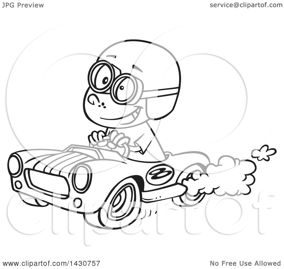 Clipart of a Cartoon Black and White Lineart Boy Driving a Race Car ...