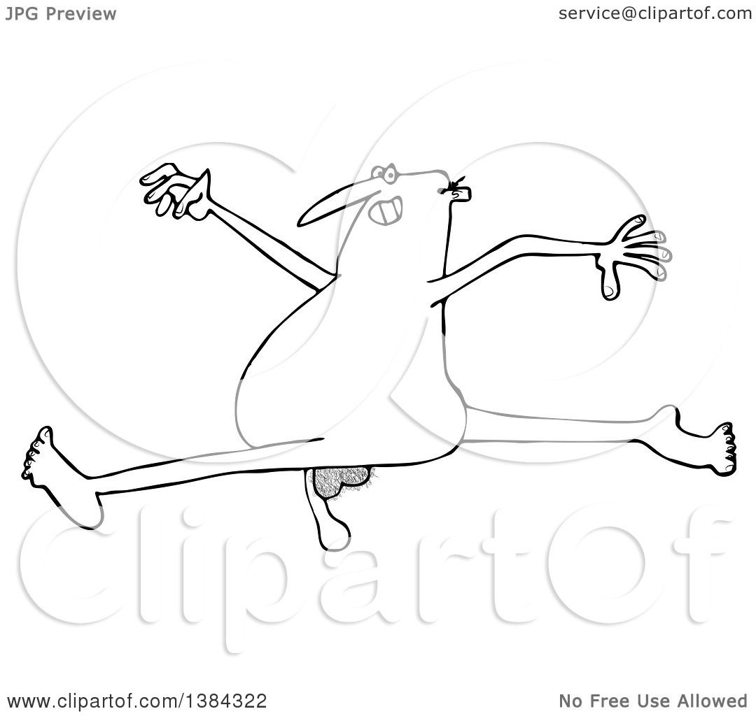 Clipart Of A Cartoon Black And White Lineart Carefree Nudec Man Leaping Royalty Free Vector