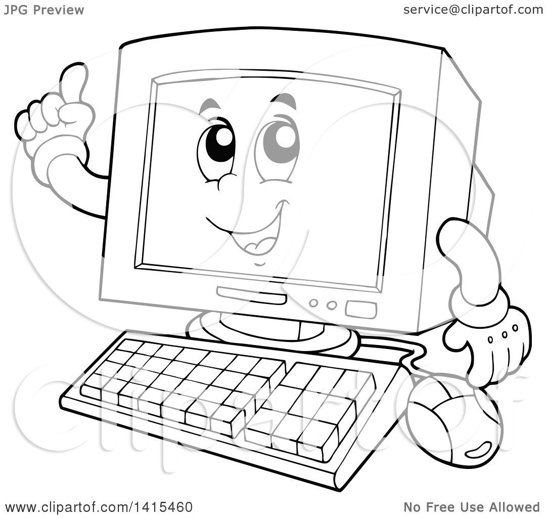 Clipart of a Cartoon Black and White Lineart Desktop Computer Character ...