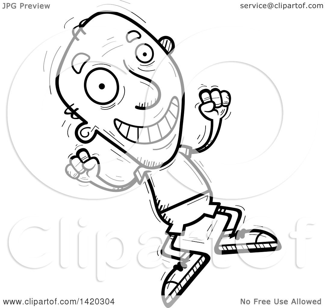Download Clipart of a Cartoon Black and White Lineart Doodled Senior Man Jumping for Joy - Royalty Free ...