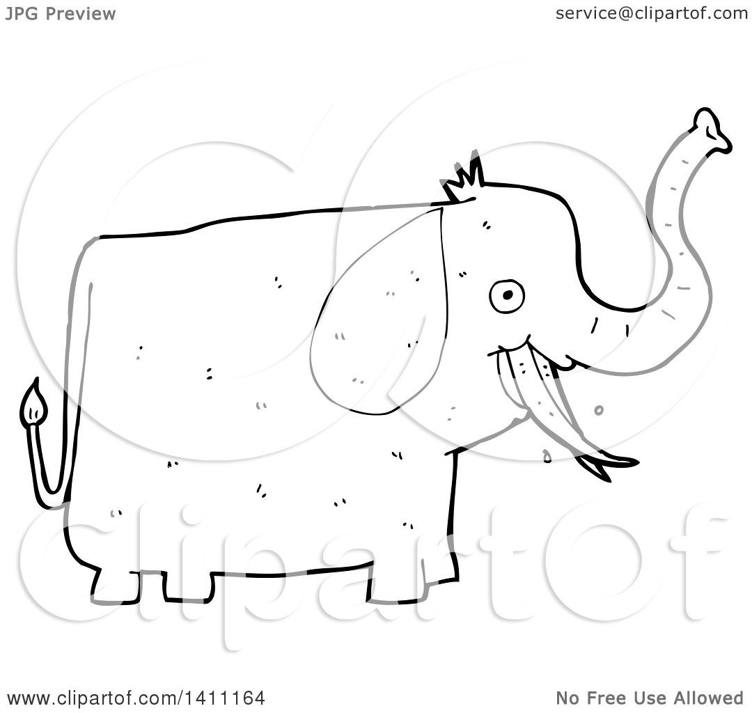 Clipart of a Cartoon Black and White Lineart Elephant - Royalty Free