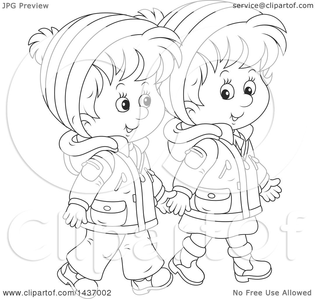 Clipart Of A Cartoon Black And White Lineart Happy Boy And Girl Holding Hands And Taking A Winter Walk Royalty Free Vector Illustration By Alex Bannykh