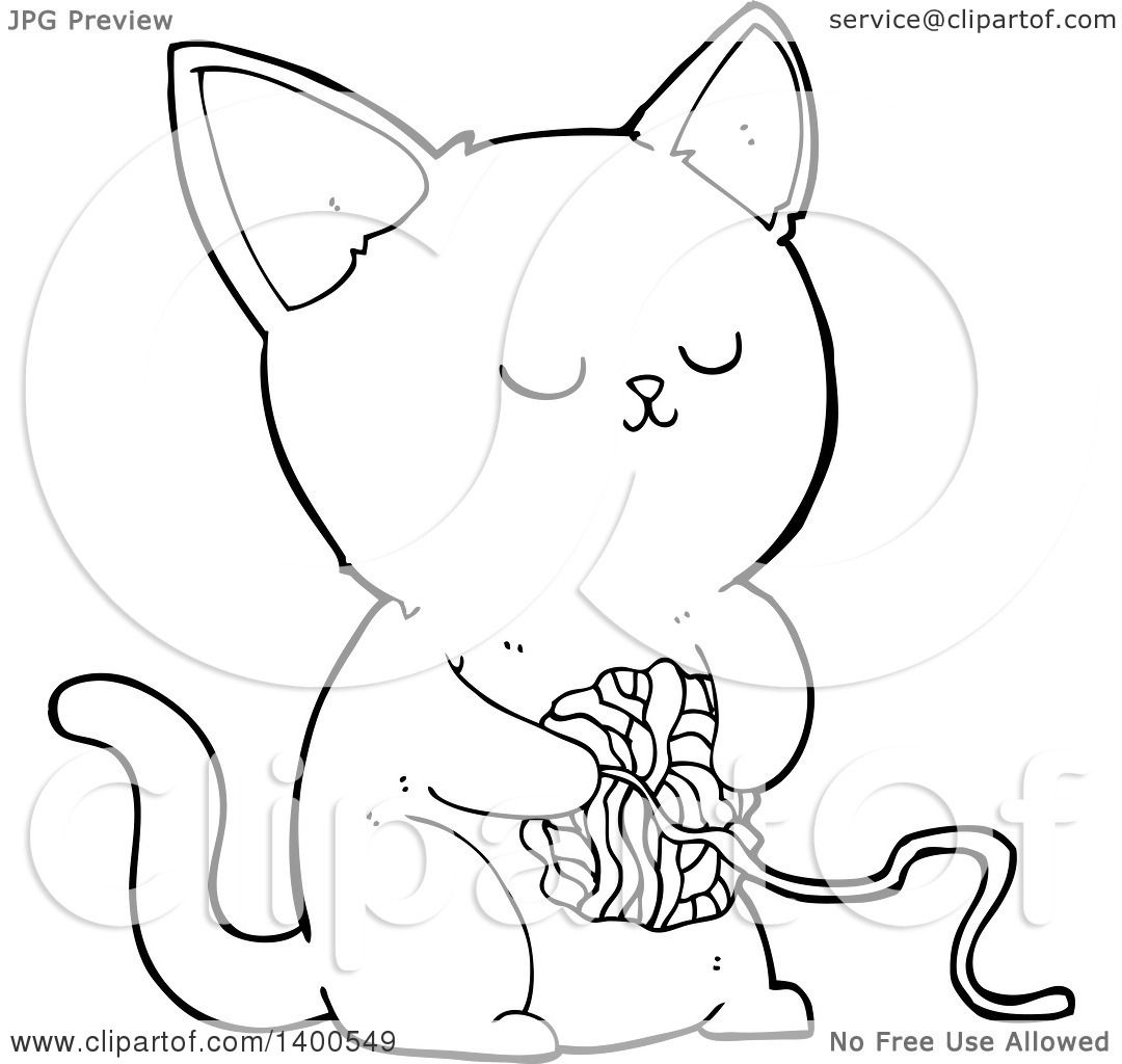 Clipart of a Cartoon Black and White Lineart Kitty Cat - Royalty Free