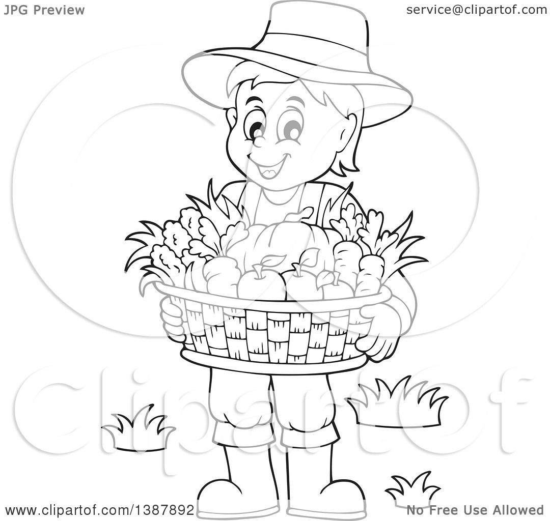 Clipart of a Cartoon Black and White Lineart Male Farmer Holding a Basket  of Harvest Produce - Royalty Free Vector Illustration by visekart #1387892