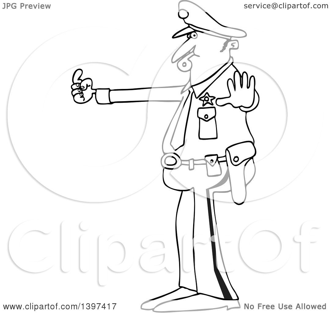 Clipart Of A Cartoon Black And White Lineart Male Police Officer
