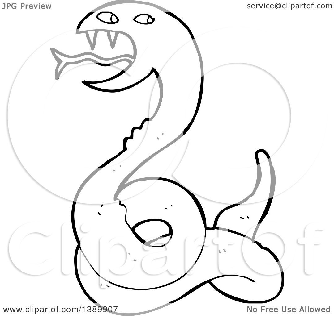 Clipart of a Cartoon Black and White Lineart Snake - Royalty Free