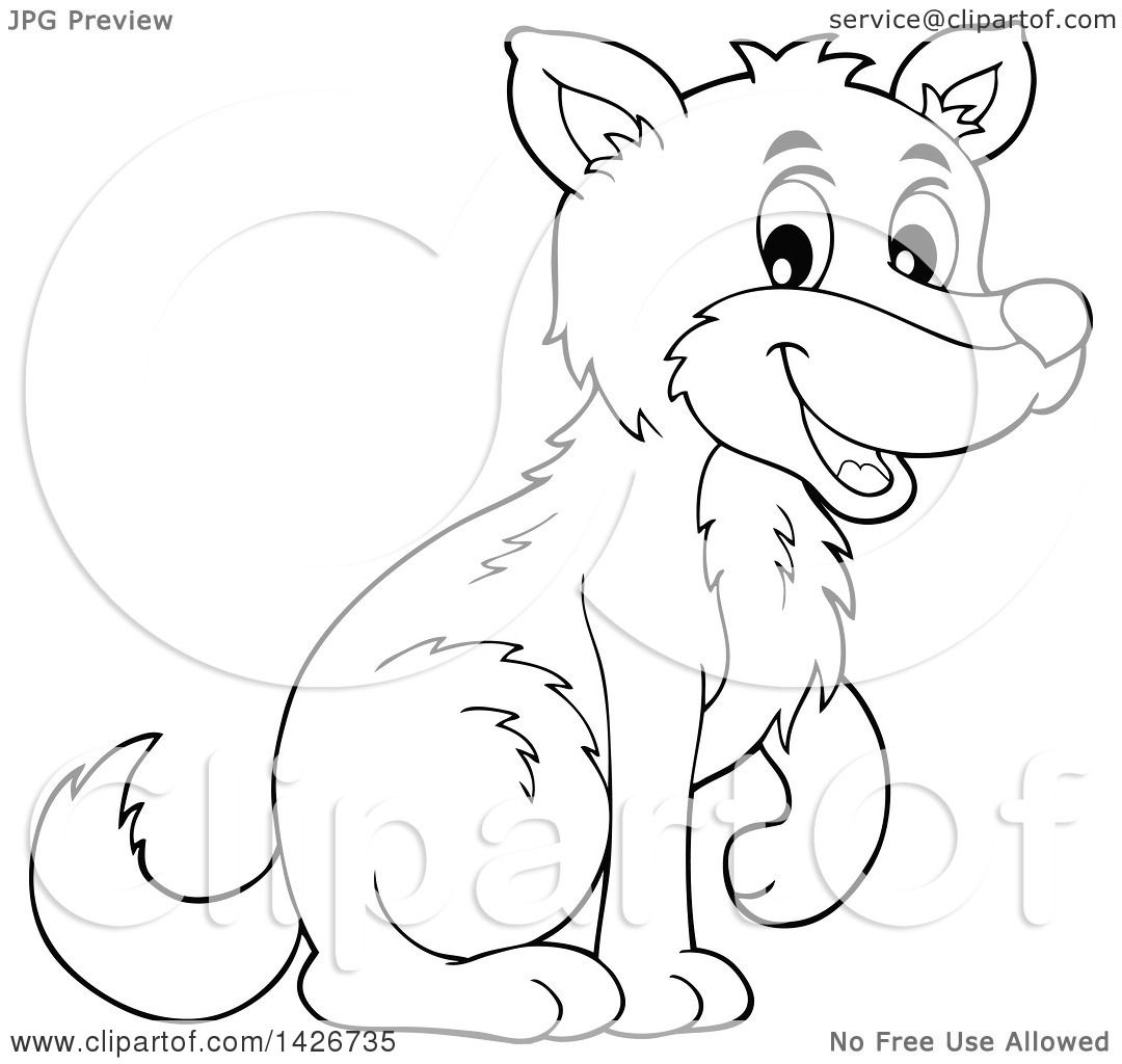 Clipart of a Cartoon Black and White Lineart Wolf Sitting - Royalty Free  Vector Illustration by visekart #1426735