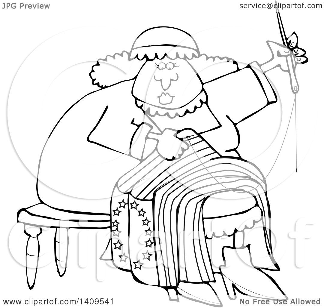 Clipart of a Cartoon Black and White Lineart Woman Betsy Ross Sewing a Flag Royalty Free Vector Illustration by djart