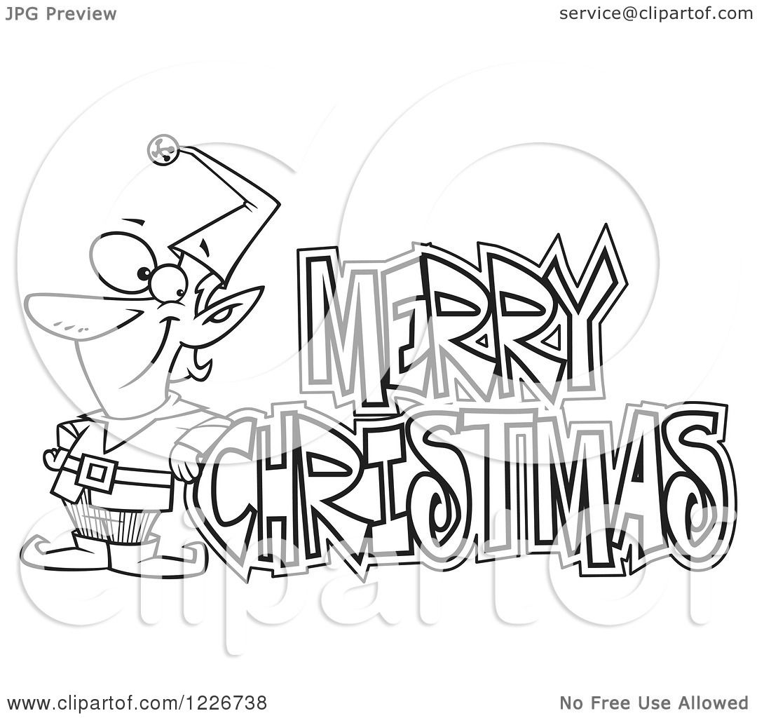 Clipart of a Cartoon Black and White Merry Christmas Greeting and Happy Elf - Royalty Free ...