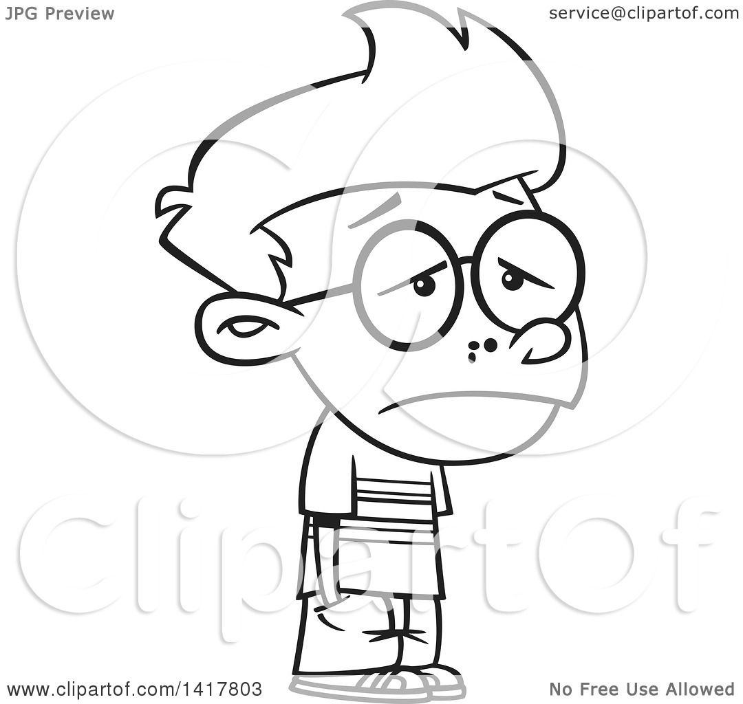 Clipart Of A Cartoon Black And White Sad Outsider Nerdy School Boy