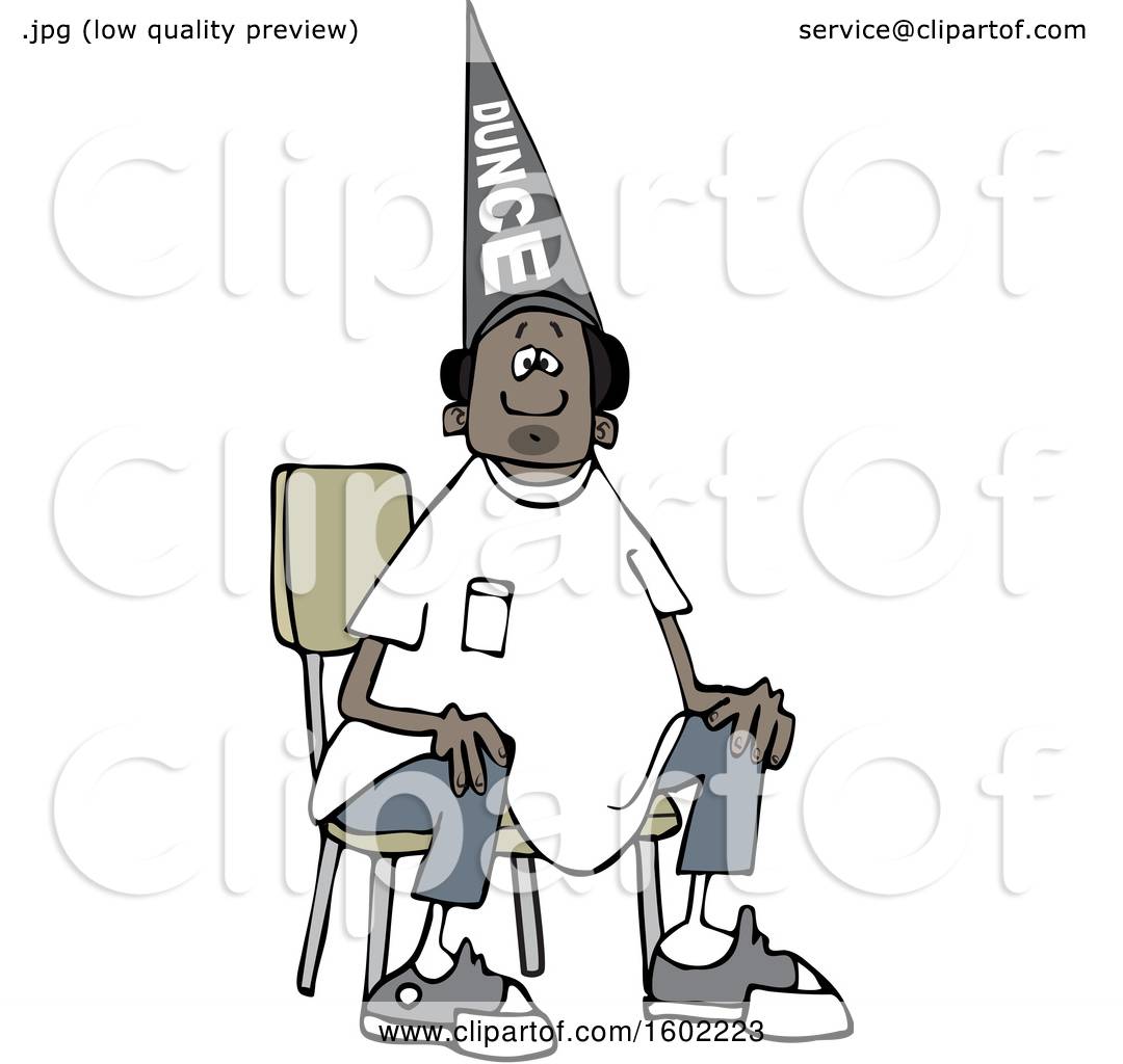Clipart-Of-A-Cartoon-Black-Boy-Wearing-A-Dunce-Hat-And-Sitting-In-A-Chair-Royalty-Free-Vector-Illustration-10241602223.jpg