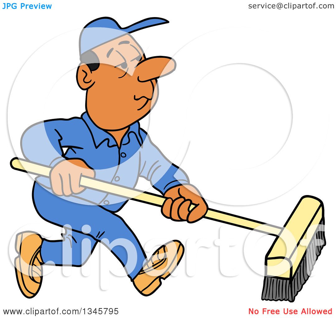 Clipart of a Cartoon Black or Hispanic Male Janitor Using a Push Broom