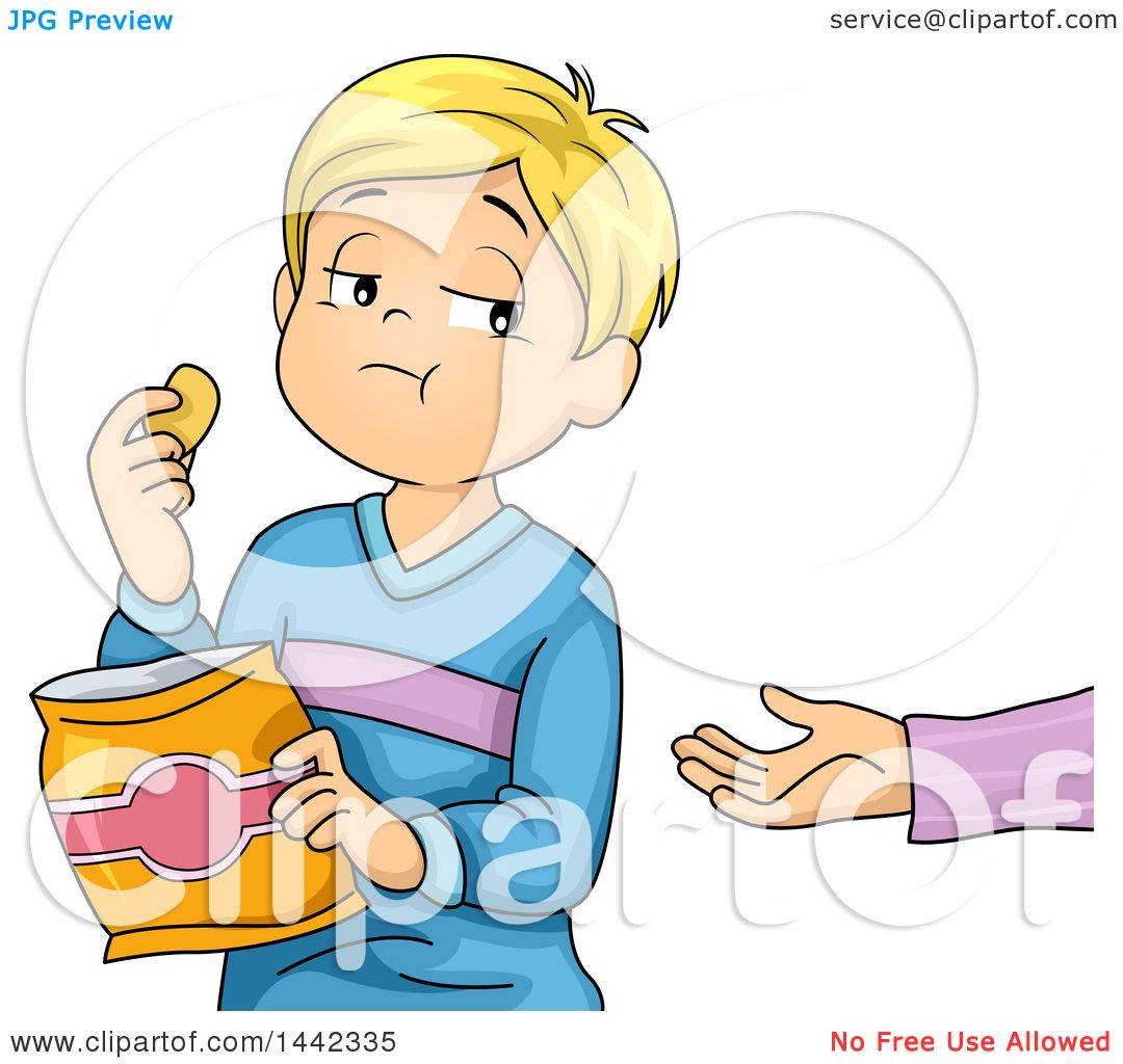 Clipart of a Cartoon Blond Caucasian Boy Eating Chips and Not Sharing -  Royalty Free Vector Illustration by BNP Design Studio #1442335