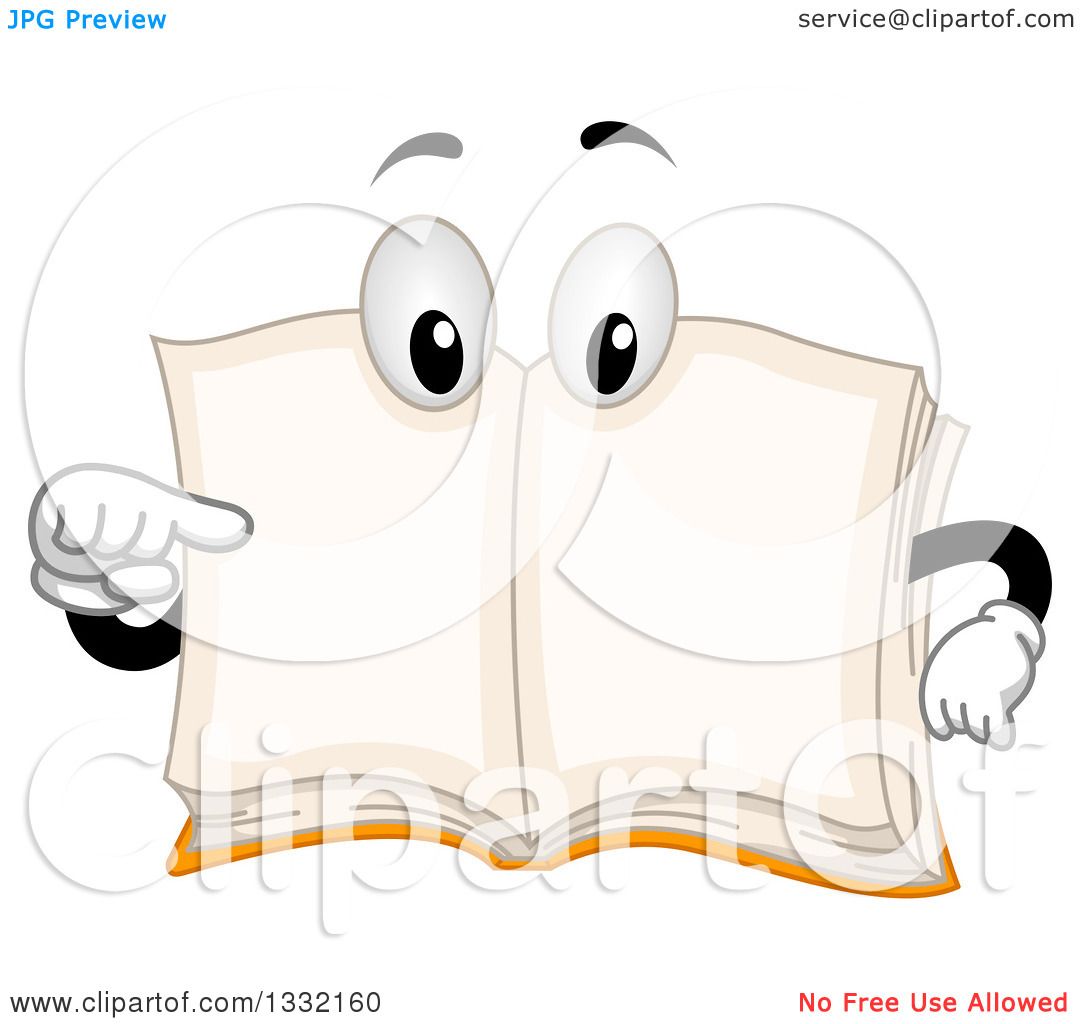 Clipart Of A Cartoon Book Character Pointing To Its Open