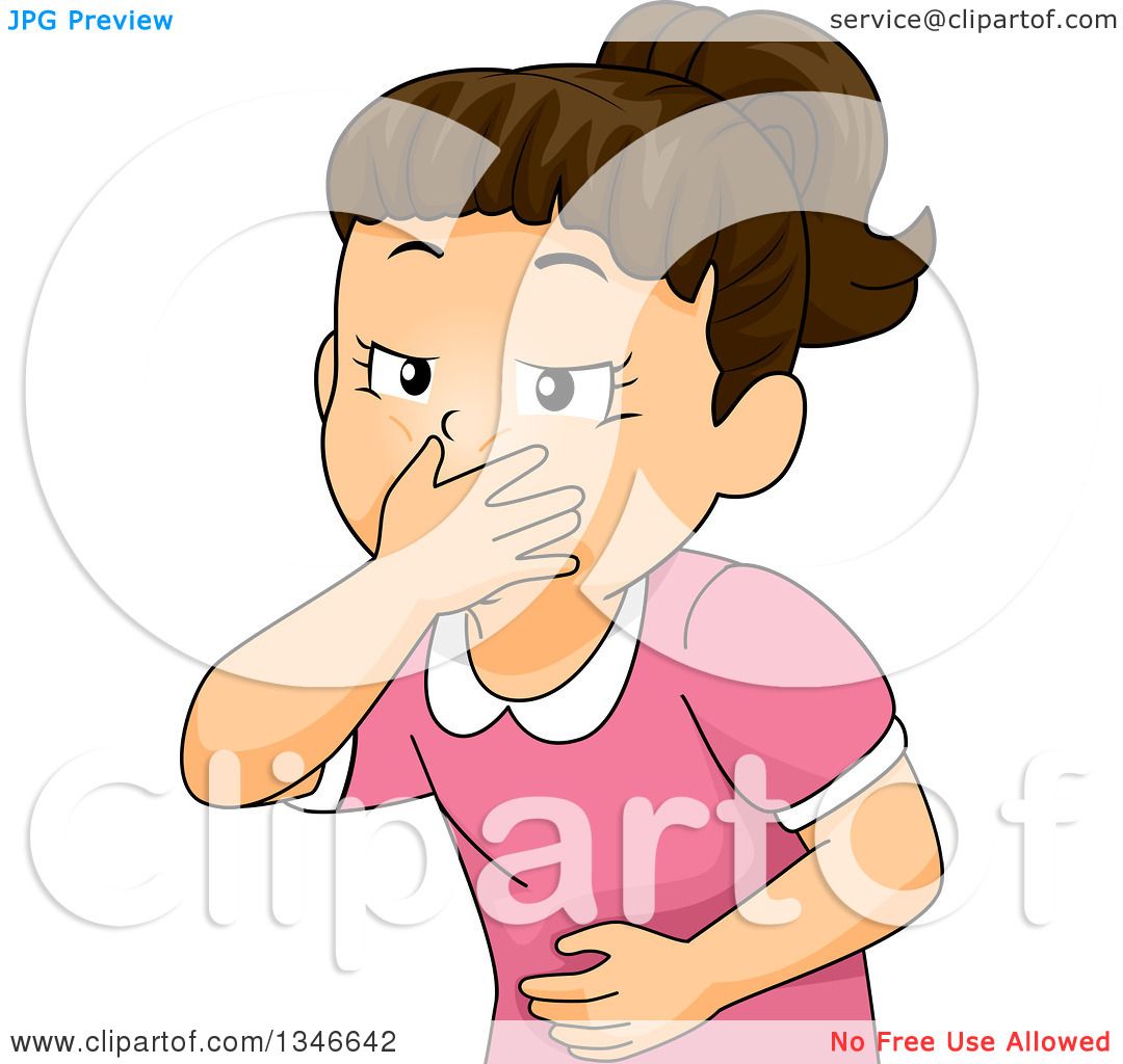 Clipart of a Cartoon Brunette Caucasian Girl Covering Her Mouth and