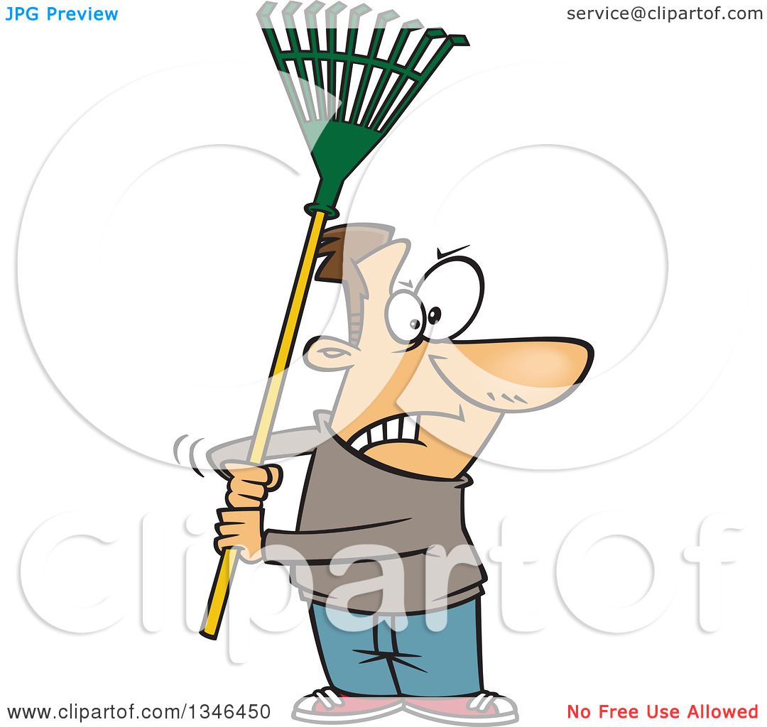 Clipart of a Cartoon Brunette Caucasian Man Ready to Fight with a Rake ...