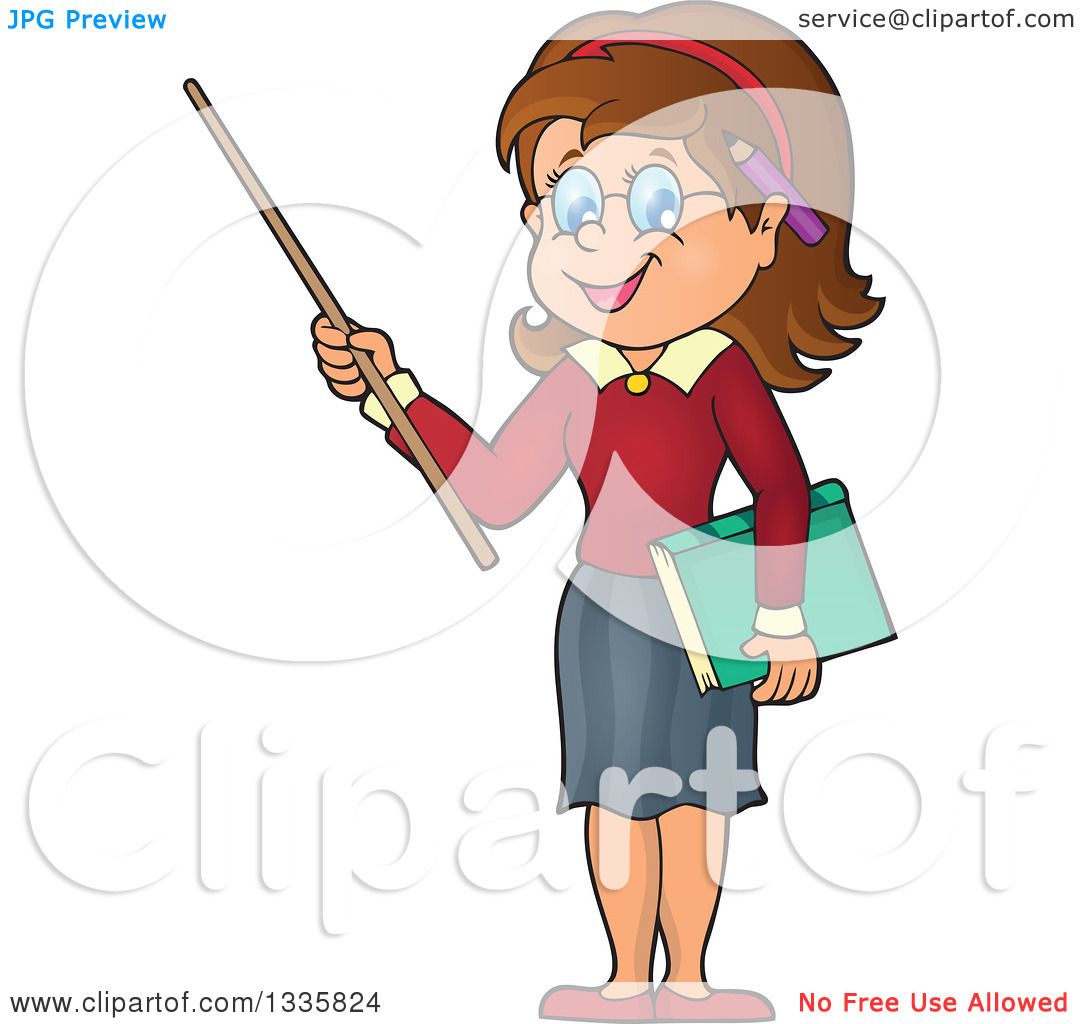 Clipart of a Cartoon Brunette White Female Teacher Holding a Pointer Stick  - Royalty Free Vector Illustration by visekart #1335824