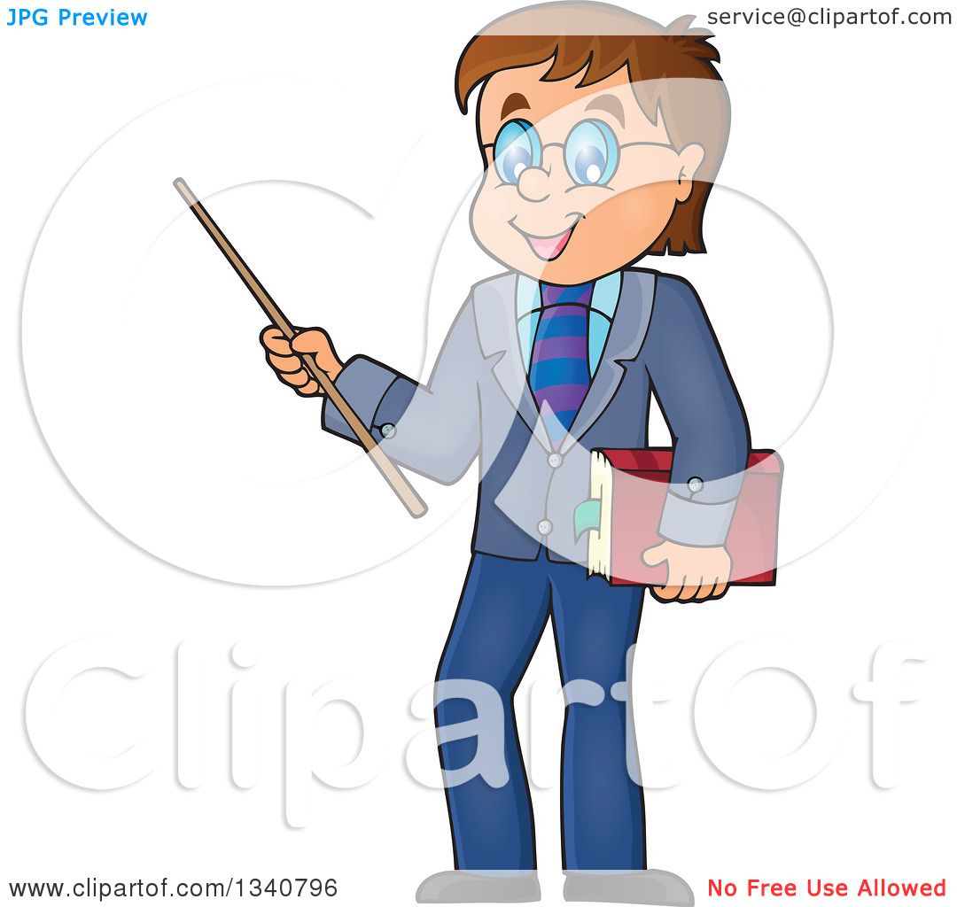 Clipart of a Cartoon Brunette White Male Teacher with Glasses, Holding a  Book and Pointer Stick - Royalty Free Vector Illustration by visekart  #1340796