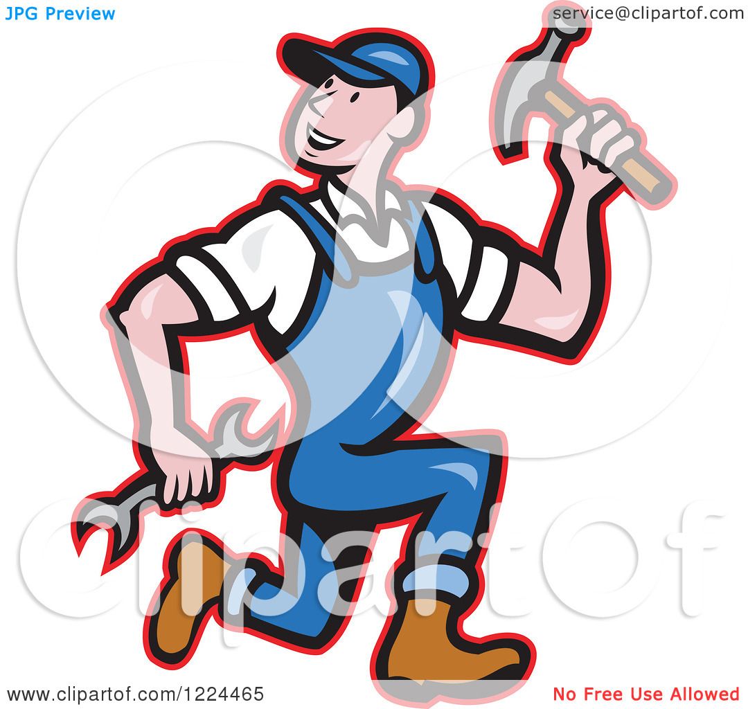 Clipart Of A Cartoon Builder Man Running With A Hammer And Wrench