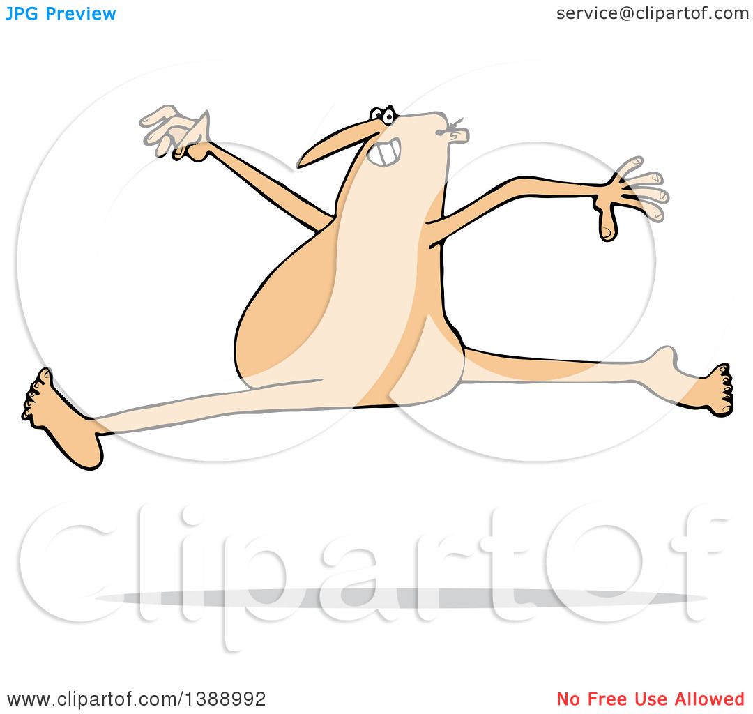 Clipart Of A Cartoon Carefree Nude White Man Leaping Royalty Free