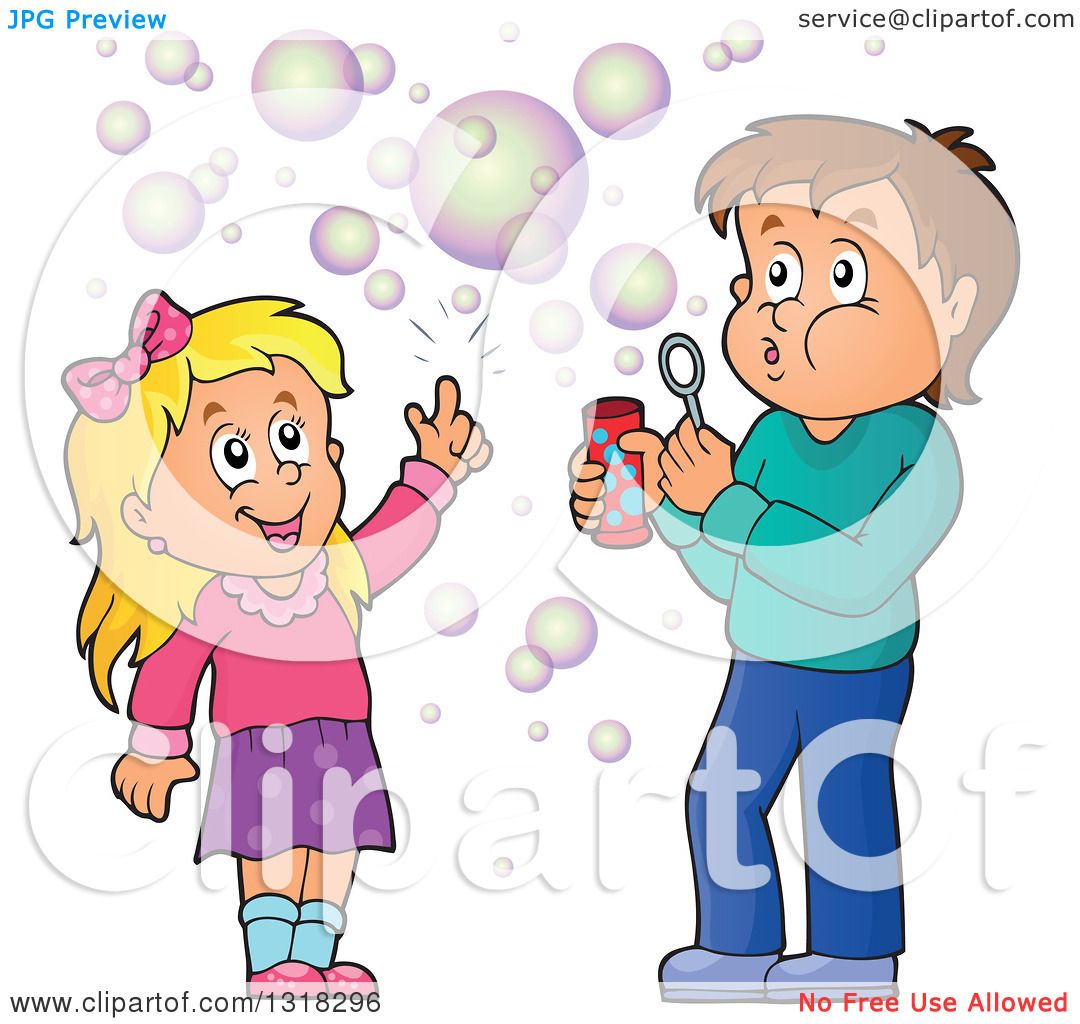 Clipart Of A Cartoon Caucasian Boy And Girl Blowing Bubbles Royalty Free Vector Illustration By Visekart 1318296