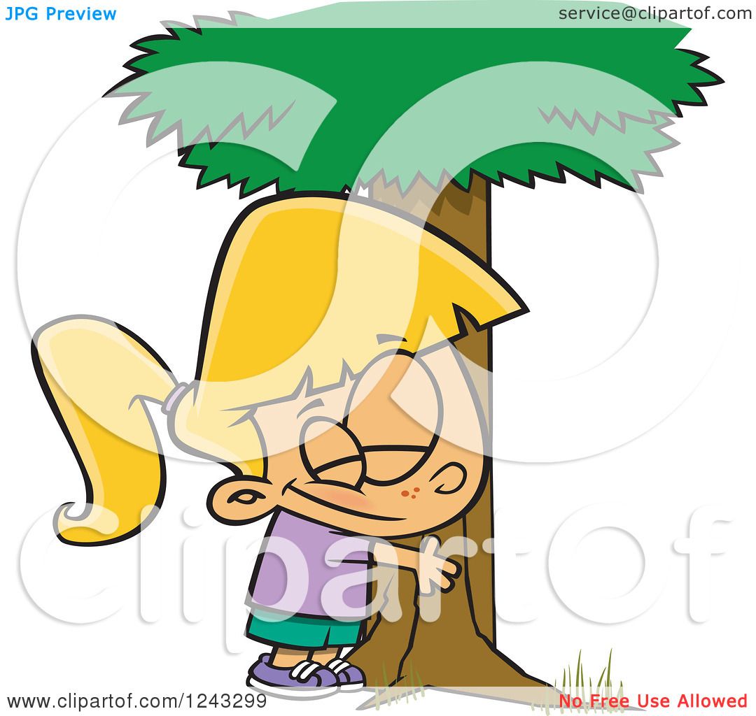 Clipart of a Cartoon Caucasian Girl Hugging a Tree - Royalty Free
