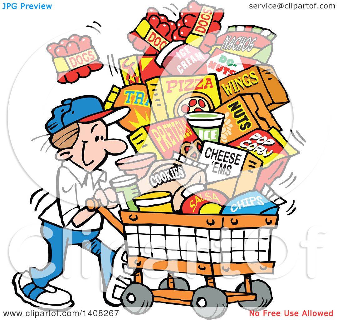 Clipart of a Cartoon Caucasian Man Grocery Shopping for Superbowl