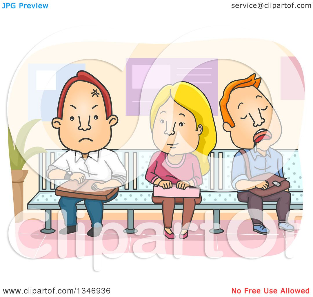 Clipart of a Cartoon Caucasian Woman Sitting Between Angry and Sleeping Men  on a Waiting Room Bench - Royalty Free Vector Illustration by BNP Design  Studio #1346936