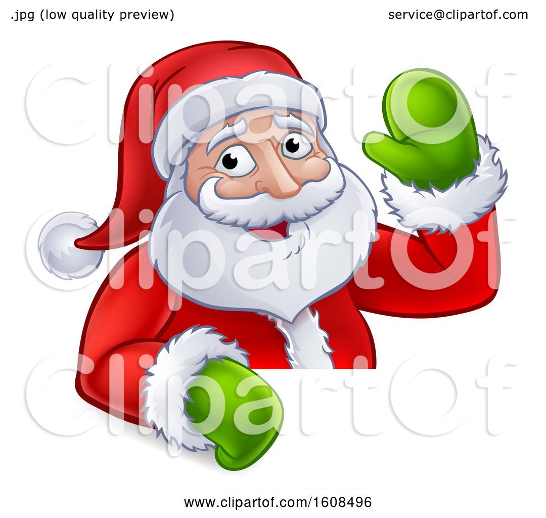Clipart of a Cartoon Christmas Santa Claus Waving over a Sign - Royalty ...
