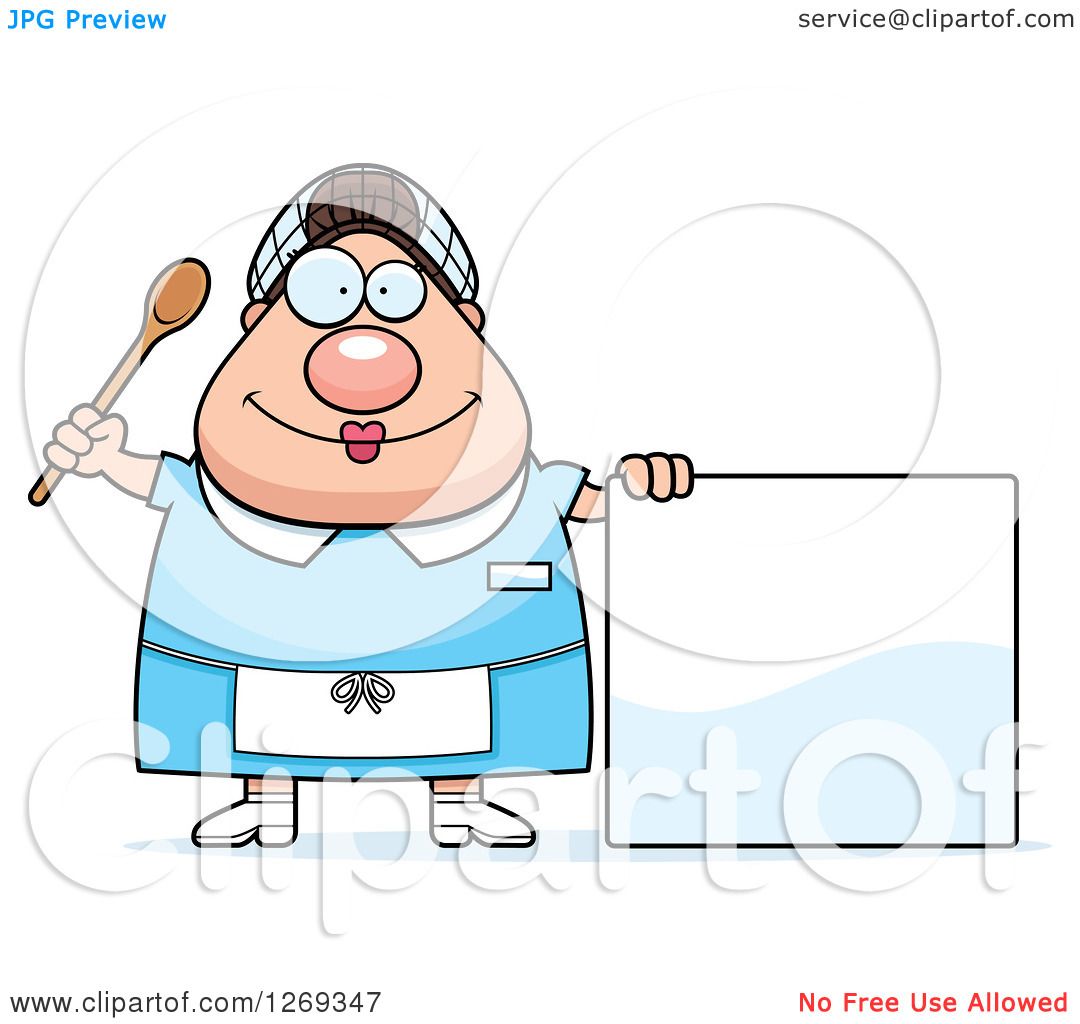 Clipart Of A Cartoon Chubby Happy Caucasian Lunch Lady By A Blank Sign