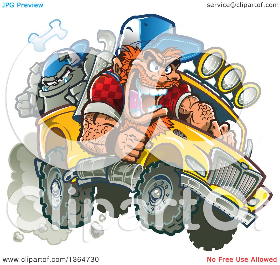 Clipart of a Cartoon Crazy Red Haired White Redneck Man Driving a