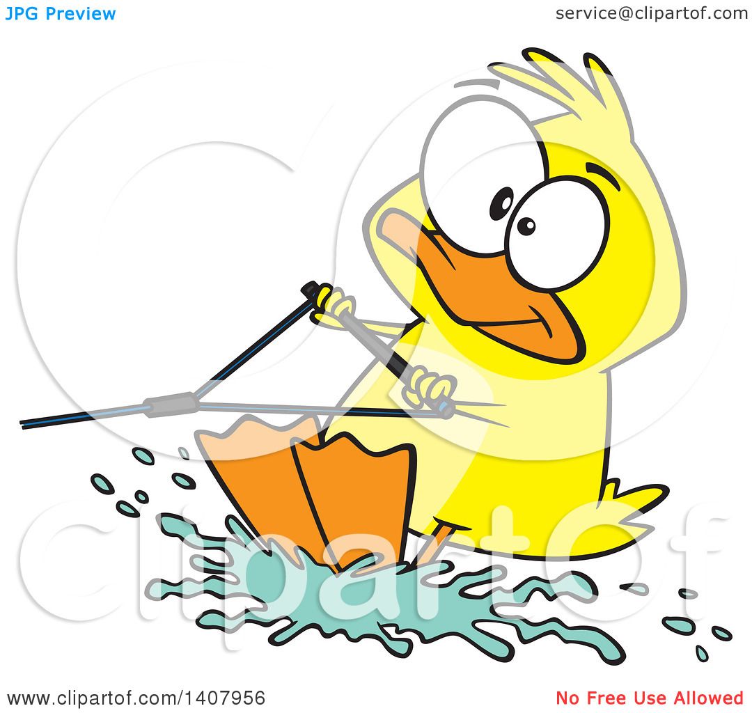 Clipart of a Cartoon Duck Water Skiing - Royalty Free Vector