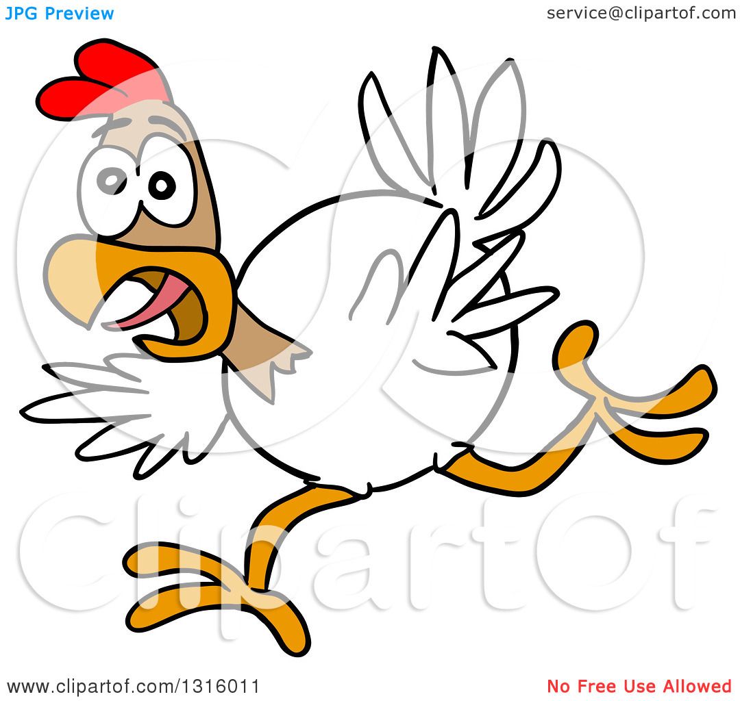 Clipart of a Cartoon Excited White and Brown Chicken Running - Royalty ...