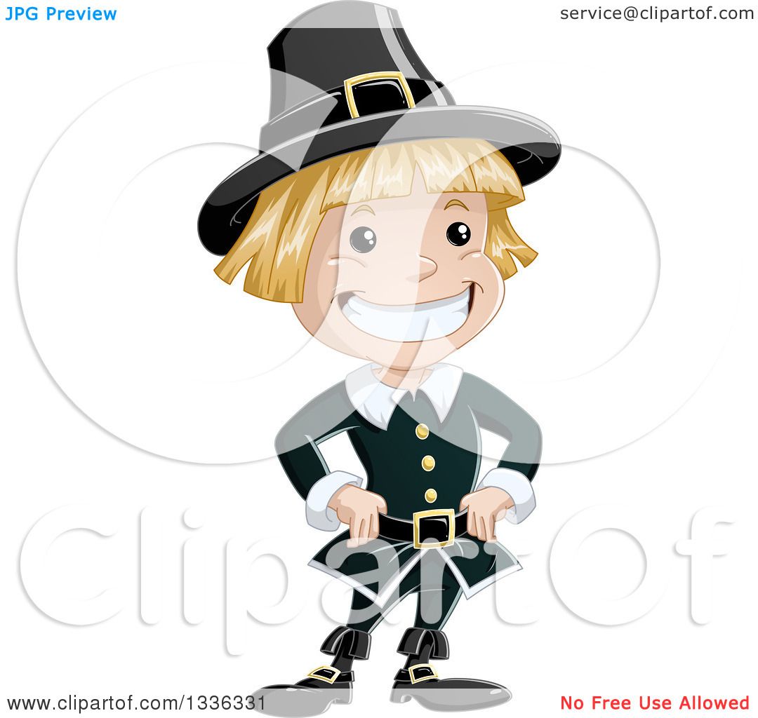 Clipart of a Cartoon Grinning Blond White Pilgrim Boy ...
