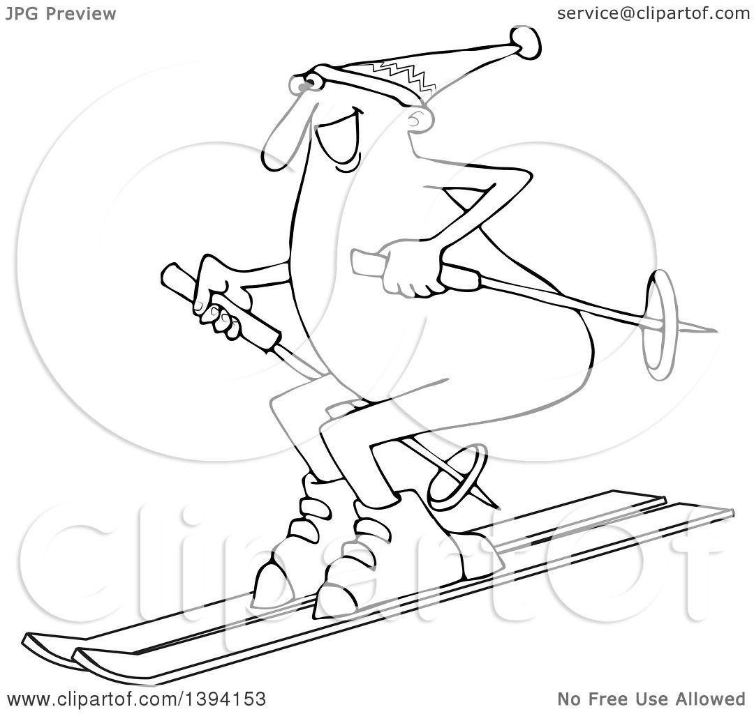 Clipart Of A Cartoon Happy Black And White Nude Guy Skiing Royalty