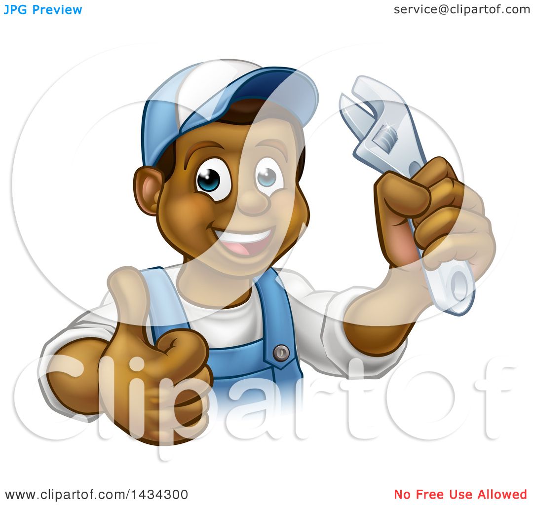 Clipart Of A Cartoon Happy Black Male Plumber Holding An Adjustable
