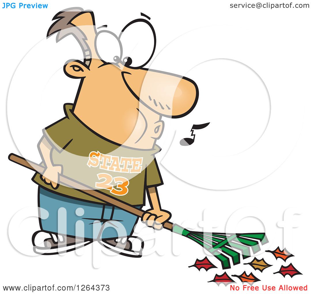 Clipart of a Cartoon Happy Caucasian Man Whistling and Raking Leaves ...
