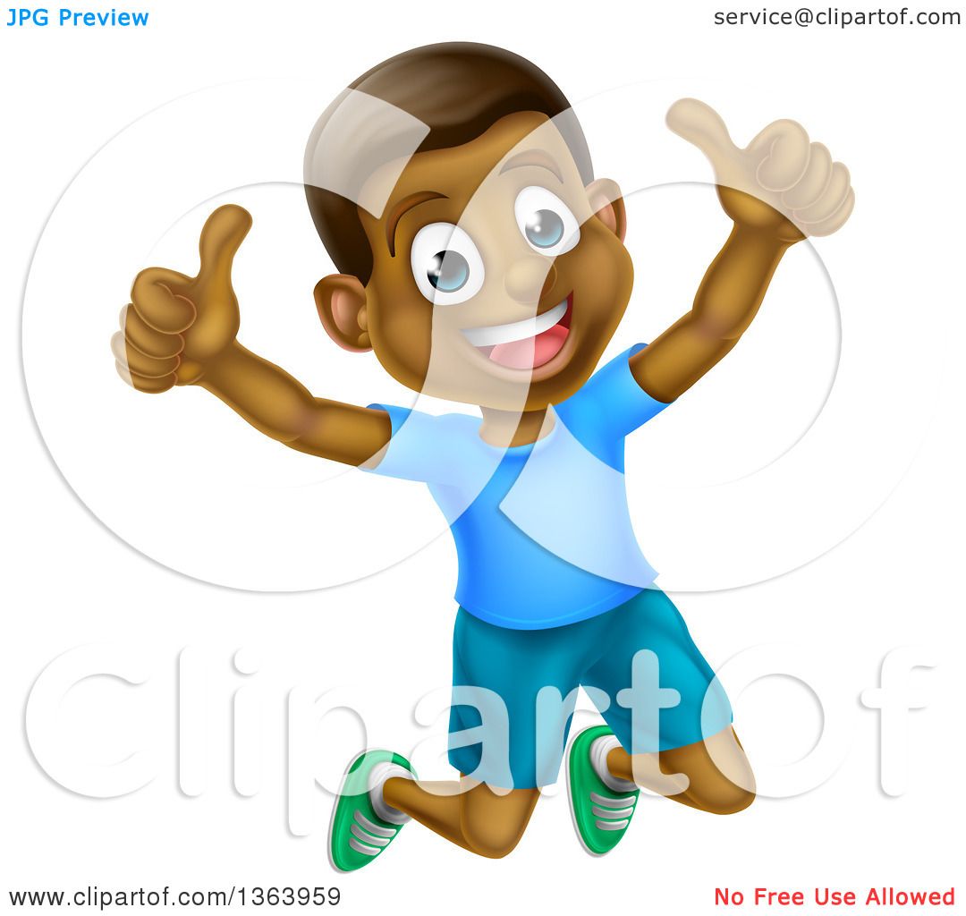 Clipart of a Cartoon Happy Excited Black Boy Jumping and Giving Two Thumbs  up - Royalty Free Vector Illustration by AtStockIllustration #1363959