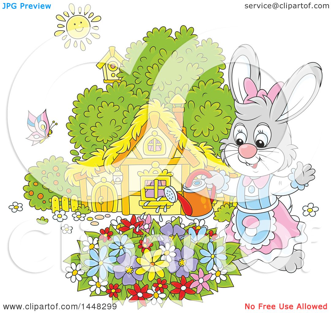 Clipart of a Cartoon Happy Female Bunny Rabbit Watering a Flower Garden on  a Spring Day - Royalty Free Vector Illustration by Alex Bannykh #1448299