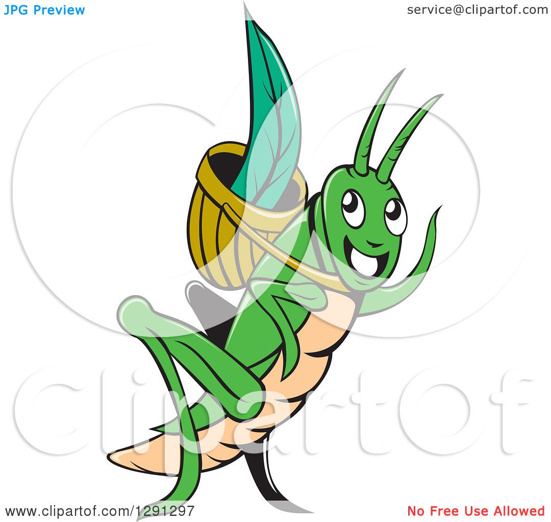 Clipart of a Cartoon Happy Green Grasshopper Waving with a Blade in a  Basket - Royalty Free Vector Illustration by patrimonio #1291297