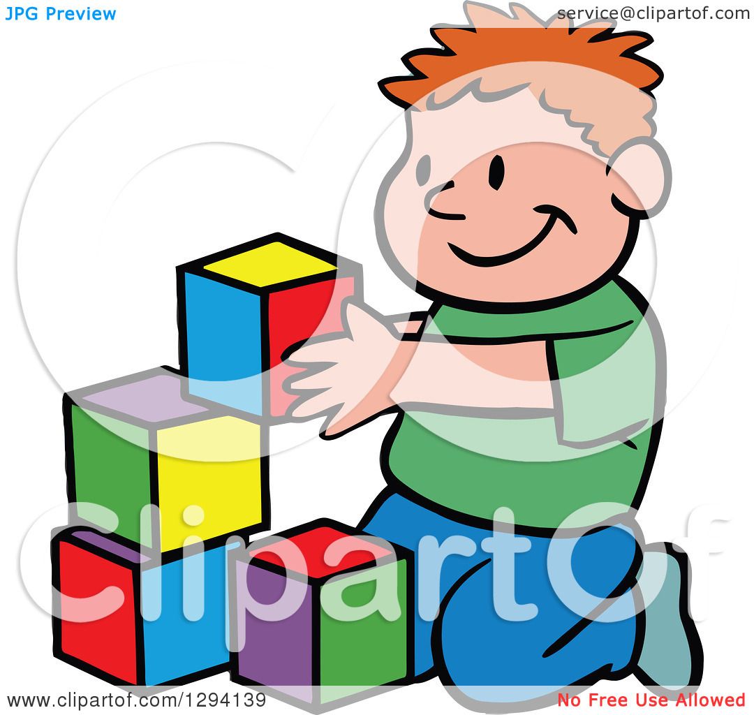 Clipart of a Cartoon Happy Red Haired White Boy Playing with Building ...