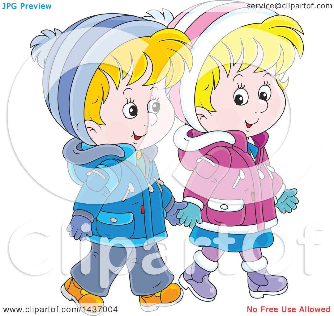 Clipart Of A Cartoon Happy White Boy And Girl Holding Hands And Taking A Winter Walk Royalty Free Vector Illustration By Alex Bannykh