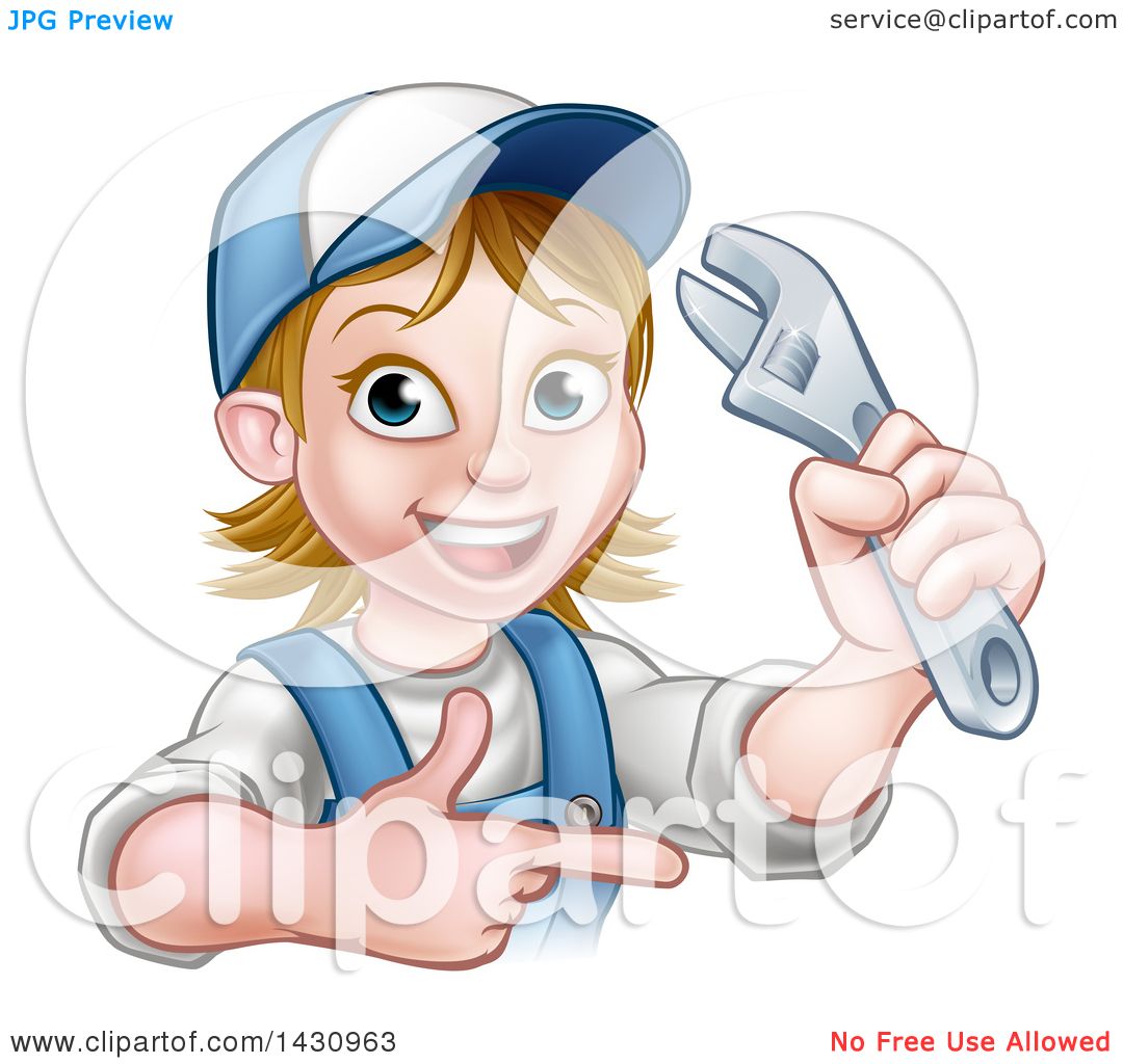 Clipart Of A Cartoon Happy White Female Plumber Holding An Adjustable