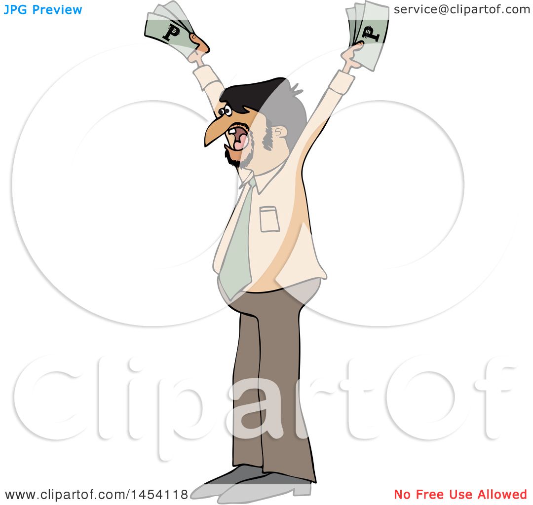 Clipart of a Cartoon Hispanic Business Man Holding up Cash Money