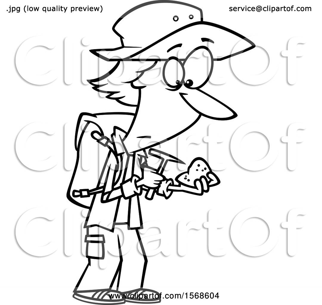 Download Clipart of a Cartoon Lineart Geologist Inspecting a Rock - Royalty Free Vector Illustration by ...