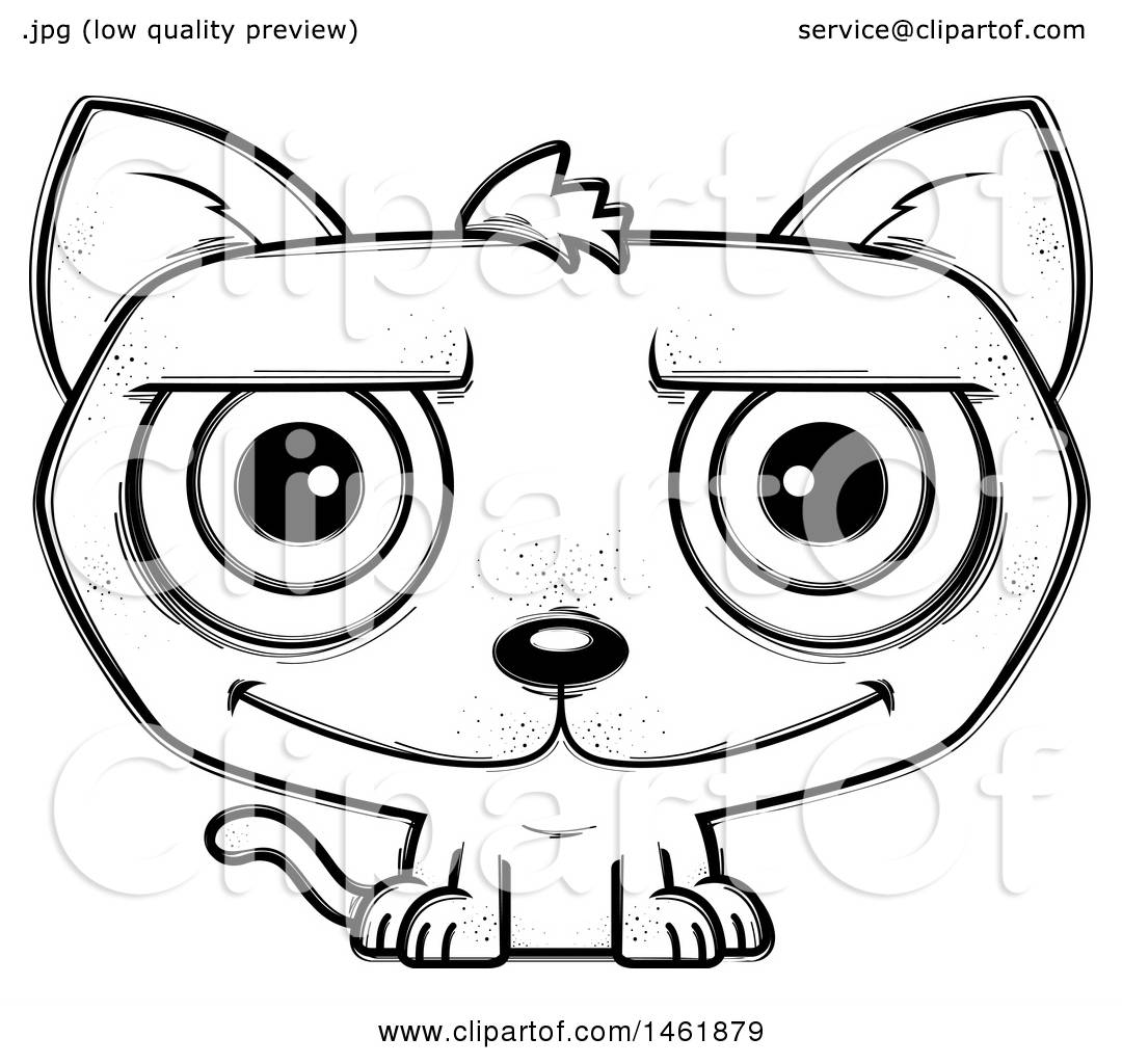 Clipart of a Cartoon Lineart Happy Evil Cat - Royalty Free Vector